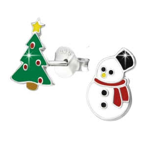 Kolczyki świąteczne dla dziewczynki bałwan i choinka sztyft