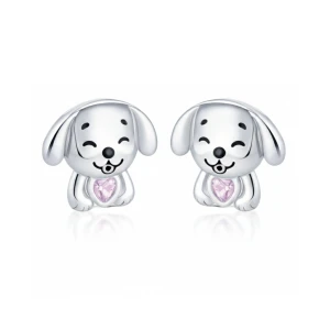 Kolczyki srebrne dla dziewczynki pieski z serduszkiem sztyft