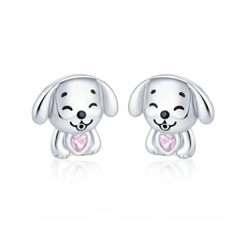 Kolczyki srebrne dla dziewczynki pieski z serduszkiem sztyft