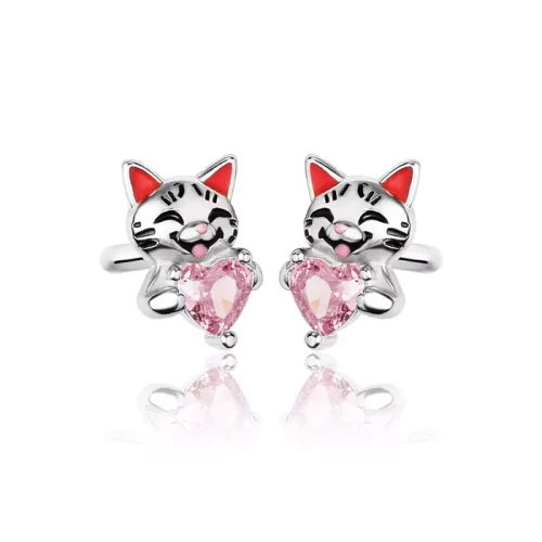Kolczyki srebrne dla dziewczynki kotki z różową cyrkonią sztyft