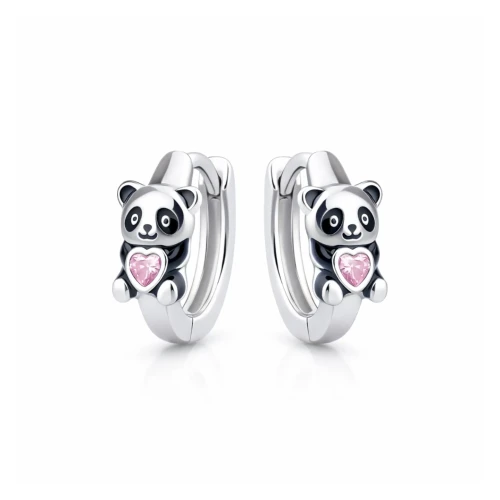 Kolczyki srebrne kółka Panda z serduszkiem dla dziewczynki zatrzask