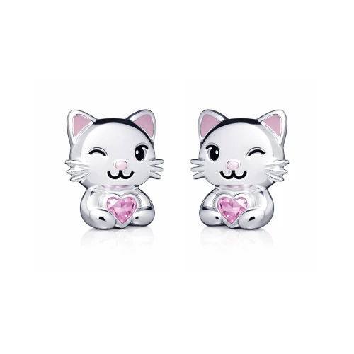 Kolczyki srebrne dla dziewczynki kotki z serduszkiem rodowane sztyft