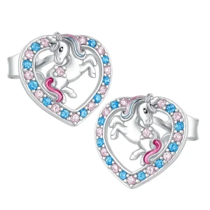 Kolczyki srebrne dla dziewczynki jednorożce w sercu z cyrkoniami sztyft