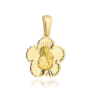 Medalik złoty Matka Boska Częstochowska w diamentowanym kwiatku z oprawą