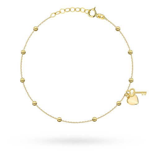 Bransoletka złota z gładkimi kulkami i serce z kluczykiem