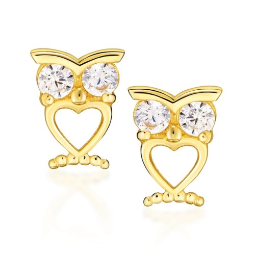 Kolczyki złote sówki z serduszkiem i z cyrkoniami 585