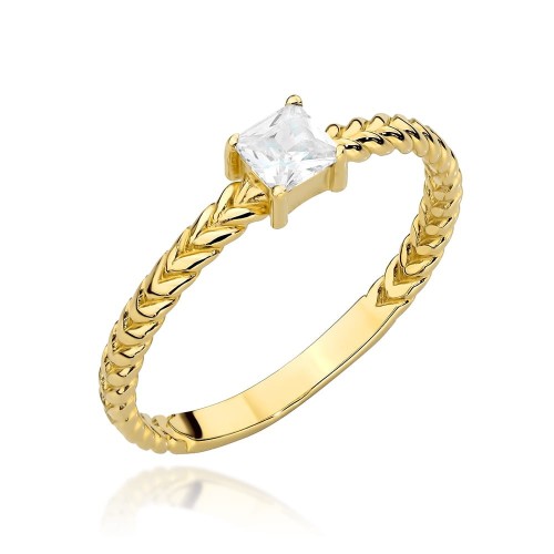 Pierścionek złoty pleciony z kwadratowym kamieniem