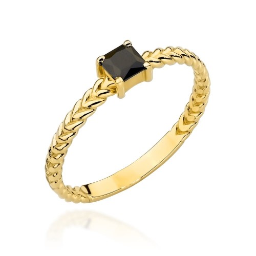 Pierścionek złoty pleciony z czarnym kamieniem