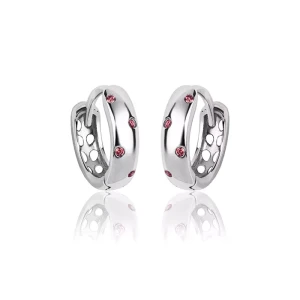 Kolczyki srebrne kółka rubinowe cyrkonie dla dziewczynki zatrzask rodowane