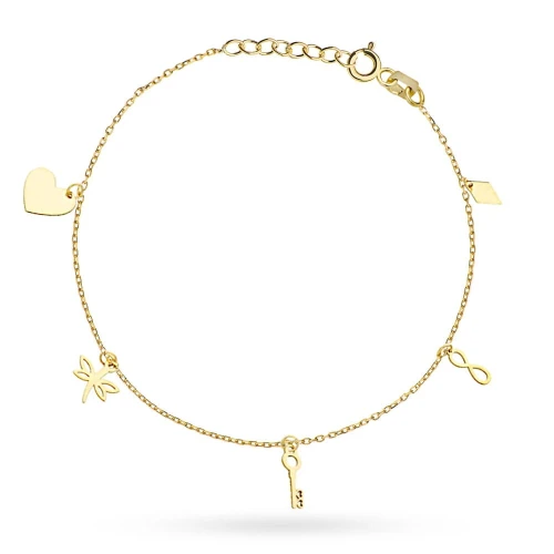 Bransoletka na nogę z elementami serce, ważka, kluczyk, nieskończoność i romb