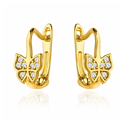 Kolczyki złote dla dziewczynki motylek z cyrkoniami na zapięciu angielskim 585