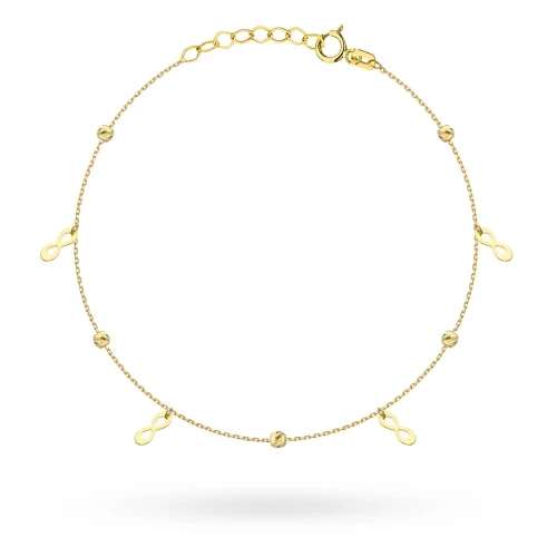 Bransoletka złota z wiszącymi znakami nieskończoności i diamentowanymi kulkami