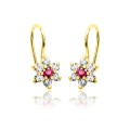 Złote Kolczyki Kwiatki dla dziewczynki rubinowa cyrkonia 585 bigiel, Pamiątka Chrztu