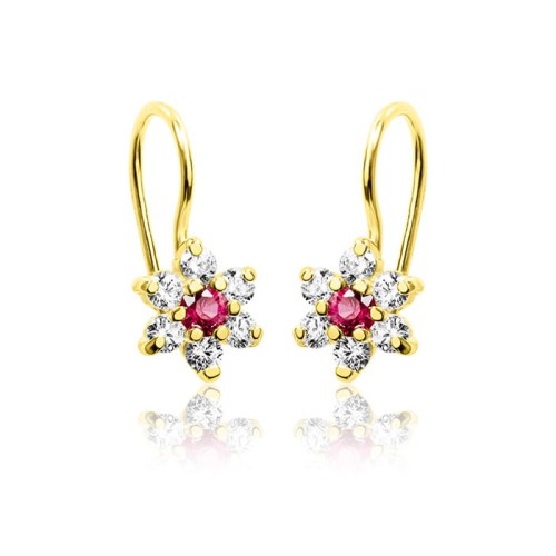 Złote Kolczyki Kwiatki dla dziewczynki rubinowa cyrkonia 585 bigiel, Pamiątka Chrztu