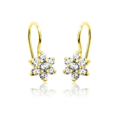 Kolczyki złote dla dziewczynki kwiatki na biglu próba 585, Pamiątka pierwszej Komunii, Chrztu, Roczku