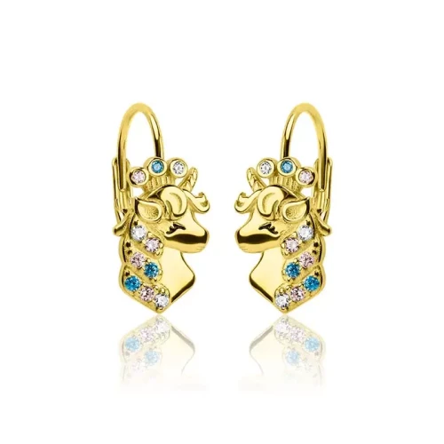 Złote kolczyki jednorożce dla dziewczynki angielskie zapięcie srebro pozłacane 925