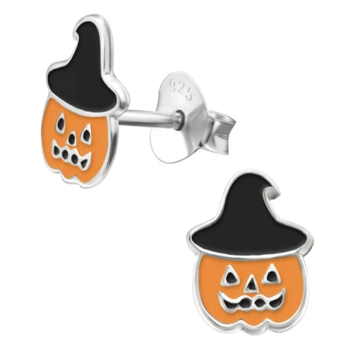 Kolczyki srebrne dla dziewczynki dynia w kapeluszu Halloween