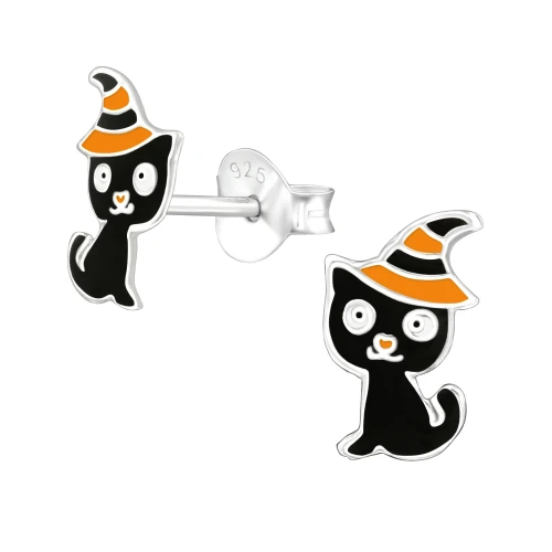 Kolczyki Srebrne czarny kot w kapeluszu Halloween dla dzieci 925