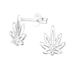 Kolczyki srebrne liść konopii z cyrkoniami próba 925 sztyft