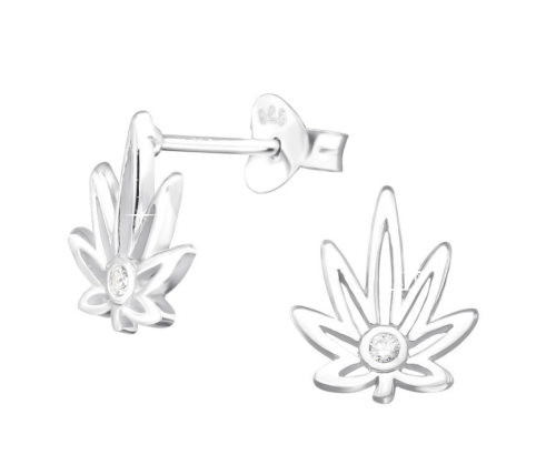 Kolczyki srebrne liść konopii z cyrkoniami próba 925 sztyft