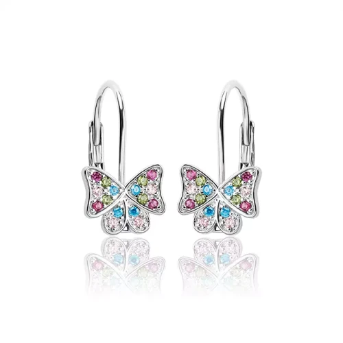 Kolczyki srebrne dla dziewczynki motylki kolorowe cyrkonie angielskie rodowane