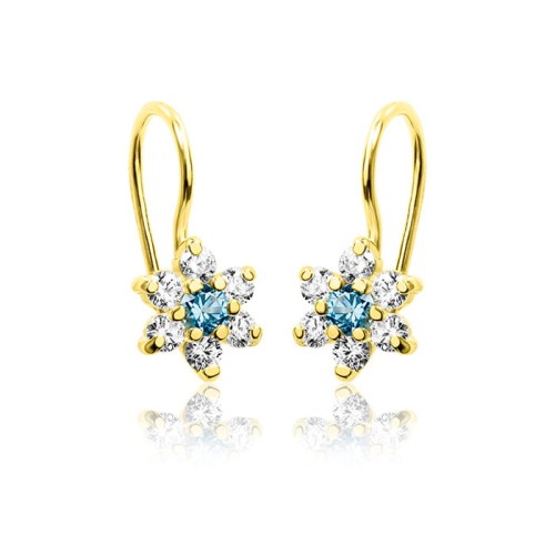 Złote kolczyki kwiatki dla dziewczynki na biglu 585, Pamiątka Chrztu, Komunii, Roczek