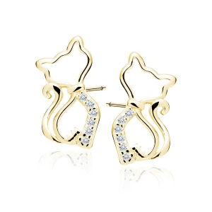 Złote kolczyki kotki z cyrkoniami dla dziewczynki ażurowe srebro pozłacane 