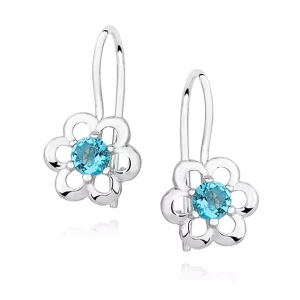 Srebrne kolczyki kwiatki cyrkonia akwamaryn na biglu
