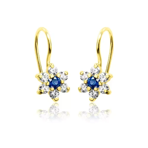 Złote kolczyki dla dziewczynki kwiatki szafirowe na biglu próba 585, Prezent na Chrzest, Roczek, Komunia