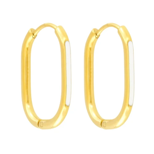 Kolczyki złote owalne elipsa biała emalia stal szlachetna zatrzask