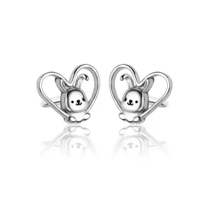Kolczyki srebrne króliczki w sercu dla dziewczynki sztyft
