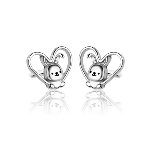 Kolczyki srebrne króliczki w sercu dla dziewczynki sztyft
