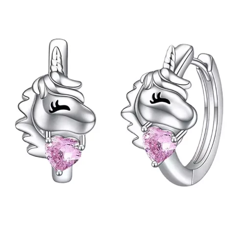 Srebrne kolczyki kółka z jednorożcem / różowe serca dla dziewczynki cyrkonia 925