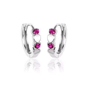 Kolczyki srebrne kółka z sercem dla dziewczynki rubinowa cyrkonia zatrzask 925
