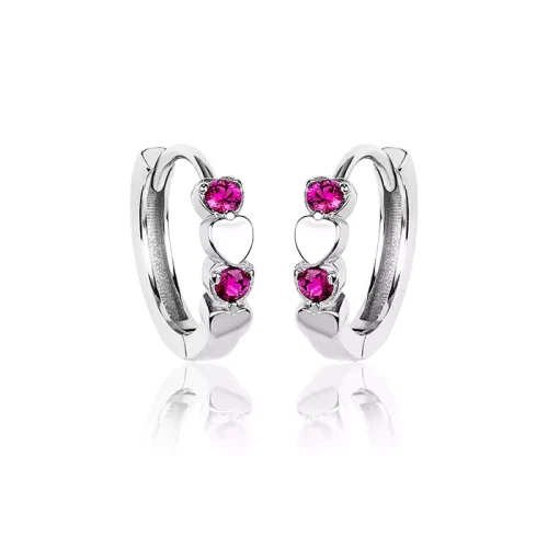 Kolczyki srebrne kółka z sercem dla dziewczynki rubinowa cyrkonia zatrzask 925