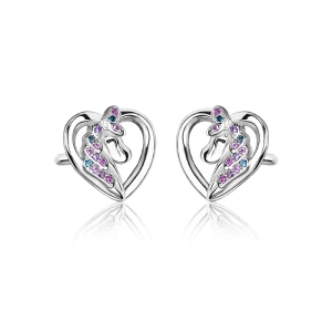 Kolczyki srebrne jednorożce serce dla dziewczynki z cyrkoniami sztyft 925