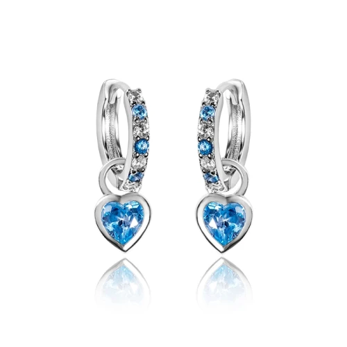 Kolczyki srebrne kółka wiszące serca / niebieska i biała cyrkonia / 925 / zatrzask