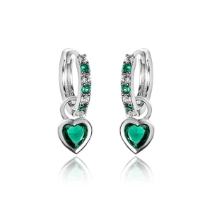Srebrne kolczyki kółka dla dziewczynki wiszące serca zatrzask cyrkonie zielone