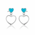 Kolczyki srebrne wiszące serce niebieskie dla dziewczynki sztyft 925