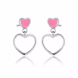 Kolczyki srebrne wiszące serce różowe dla dziewczynki sztyft