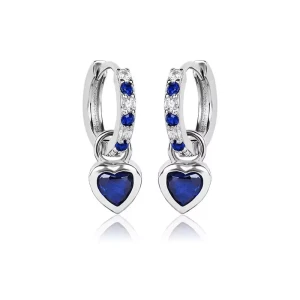 Srebrne Kolczyki Wiszące dla Dziewczynki Kółko, serce, cyrkonia szafirowa