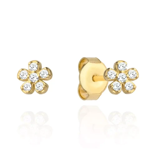 Złote kolczyki dla dziewczynki 585 kwiatki na chrzest, na roczek sztyft