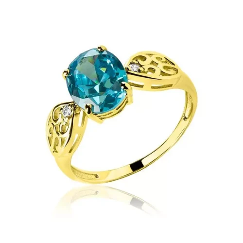 Złoty pierścionek ażurowy topaz blue próba 585