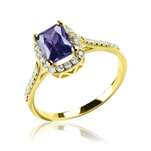 Złoty pierścionek z ametystem otoczony cyrkoniami próba 585