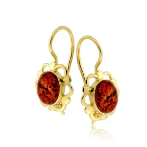 Kolczyki złote ażurowe z Bursztynem na biglu próba 585 