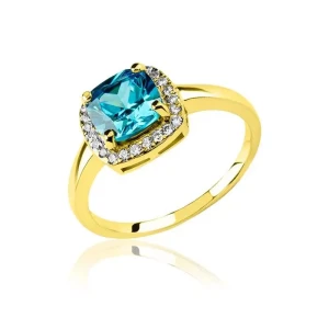 Pierścionek złoty akwamaryn i cyrkonie / duży kamień próba 585