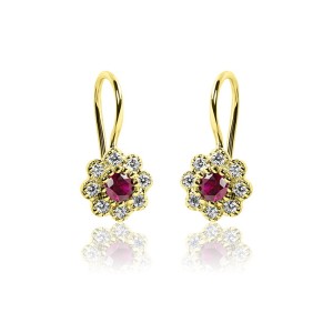 Złote kolczyki dla dziewczynki  kwiatki rubinowe z cyrkoniami na biglu