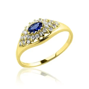 Złoty pierścionek markiza szafir i cyrkonie próba 585