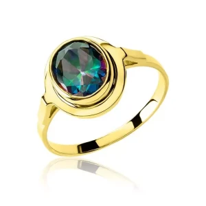 Złoty pierścionek duża cyrkonia multikolor próba 585