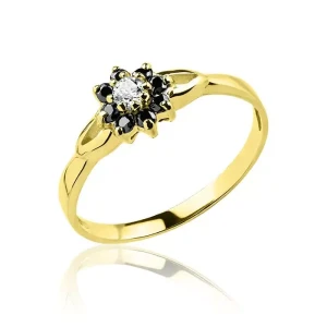 Pierścionek złoty z czarną cyrkonią kwiatek 585